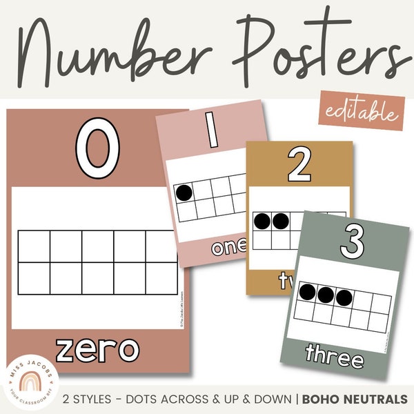 BOHO RAINBOW Number Posters | Ten Frames | Neutral Rainbow Classroom Decor