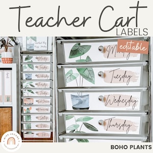 10 Drawer Cart Labels | Rustic Boho Plants Teacher Trolley Labels | Editable