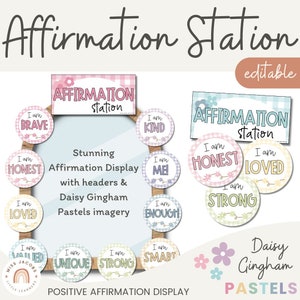 Estação de afirmação, Daisy Gingham Pastel Cartões de afirmação positiva para alunos Decoração para impressão, Exibição de espelho de afirmação de classe editável