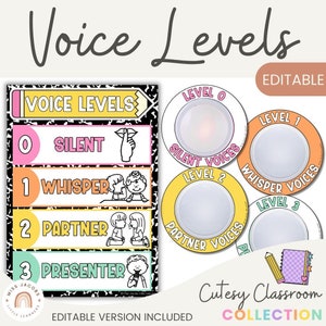 Tableau des niveaux vocaux mignons, affichage imprimable de l'indicateur de niveau vocal pour la classe, décoration de la salle de classe sur le thème de la rentrée scolaire, niveaux sonores bilingues