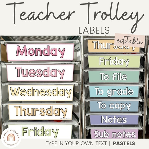 Teacher Trolley Labels | 10 Drawer Cart Labels | PASTELS | EDITABLE