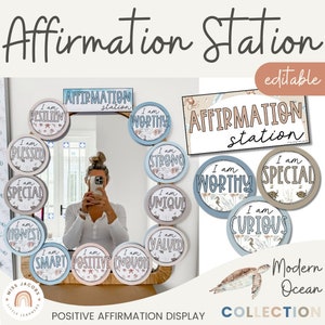 Estación de afirmación, tema moderno del océano, tarjetas de afirmación positiva imprimibles, exhibición de espejo de afirmación editable, decoración del aula