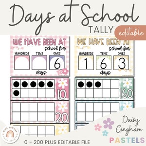 Days at School Display | 100 Days of School Tally | Daisy Gingham Pastels Classroom Decor