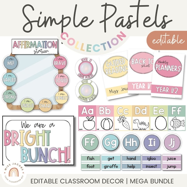 PASTELS Classroom Decor Bundle | Muted Rainbow Decor | Editable