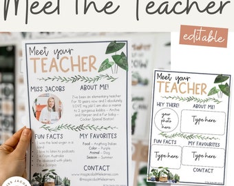 Plantillas para conocer al profesor / Decoración moderna con plantas bohemias editables