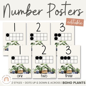 Diez carteles con números de marco 0 - 100 / Decoración moderna del aula de plantas bohemias