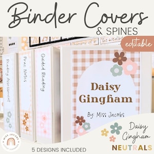 Binder Covers and Spines | Daisy Gingham Neutrals Classroom Decor | Editable