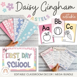 Daisy Gingham Pastels Classroom Decor Bundle | Muted Rainbow Theme | Editable