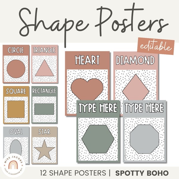 Shape Posters | Spotty Boho Calm Classroom Decor | Neutral Rainbow | Editable