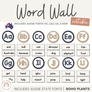 Mots muraux alphabet plantes bohèmes, modèle de cartes de vocabulaire + guirlandes, mur de mots rustique imprimable salle de classe, lettres murales modifiables