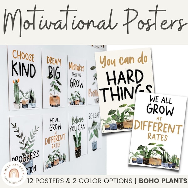 Modern Boho Plants Motivational Growth Mindset Classroom Posters | Positive Affirmation Posters