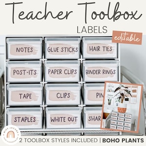 Modern Boho Plants Teacher Toolbox Labels | Editable Rustic Neutral Decor