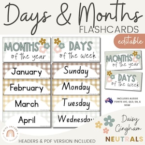 Dagen en maanden Flashcards | Klaslokaaldecoratie madeliefje gingham neutraal
