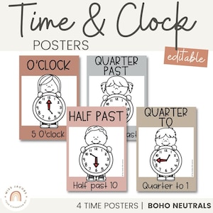 Time & Clock Posters | Boho Rainbow | Editable Neutral Classroom Decor