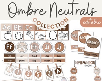 OMBRE NEUTRALS Classroom Decor BUNDLE | Editable Neutral Decor