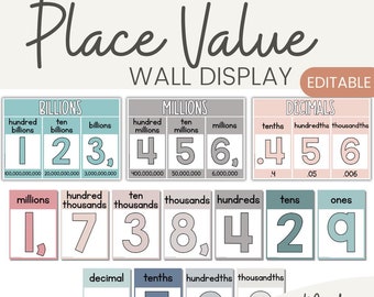 CALM COLORS Place Value Display | Math Posters | Modern Rainbow Classroom Decor