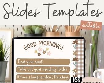 Morning Slides with Timers | Daisy Gingham Neutral Classroom Decor | Editable