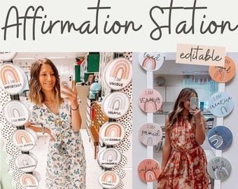 BOHO RAINBOW Affirmation Station | Positive Affirmations Mirror Display | Neutral Rainbow Classroom Decor | EDITABLE!