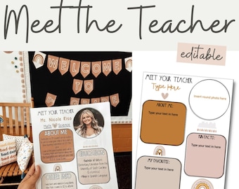 BOHO REGENBOGEN Triff die Lehrerin | Bearbeitbar | Neutrale Klassenzimmer Dekoration
