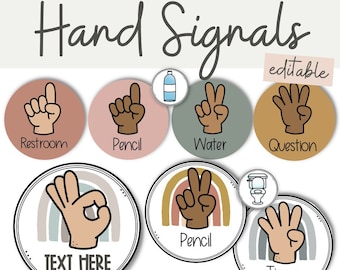 BOHO RAINBOW Hand Signals Posters | Editable | Neutral Rainbow Classroom Decor