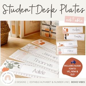 BOHO VIBES Desk Plates | Alphabet & Number Line | Editable | Desert Neutral Classroom Decor