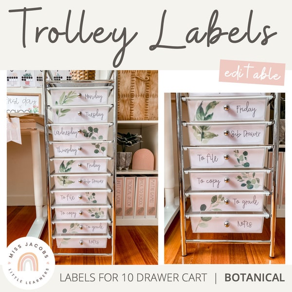 BOTANICAL Teacher Rolling Cart Labels | Trolley Labels | Editable | Modern Farmhouse Classroom Decor