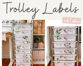 BOTANICAL Teacher Rolling Cart Labels | Trolley Labels | Editable | Modern Farmhouse Classroom Decor