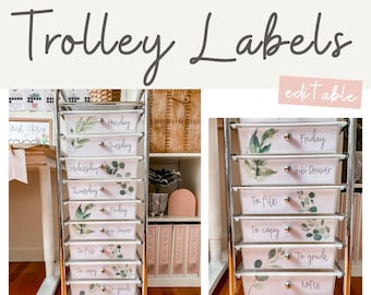 Teacher Trolley Labels, Editable Rolling Cart Drawer Organizers, Classroom Label Templates, Calm Eucalyptus Decor, 10 & 12 Drawer Sizes