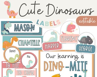 Cute Dinosaur Classroom Labels Bundle | Editable Student Name Tags, Posters & Door Display | Cute Class Decor