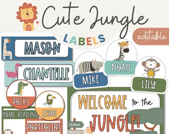 Cute Jungle Animals Classroom Labels Bundle | Editable Student Name Tags, Posters & Door Display | Cute Class Decor