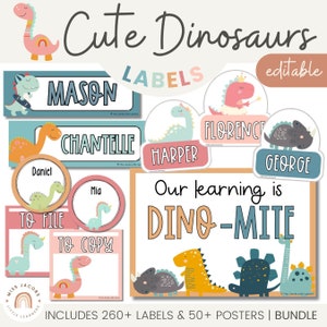 Cute Dinosaur Classroom Labels Bundle | Editable Student Name Tags, Posters & Door Display | Cute Class Decor