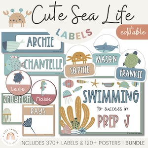 Cute Sea Life Classroom Labels Bundle | Editable Student Name Tags, Posters & Door Display | Cute Class Decor