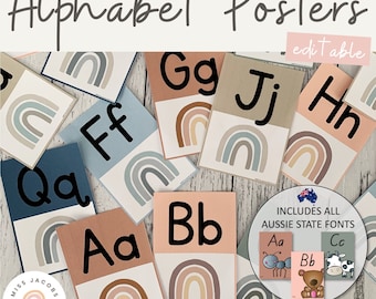 BOHO REGENBOGEN Alphabet Poster | Bearbeitbar | Neutrales Regenbogen Klassenzimmer Dekor