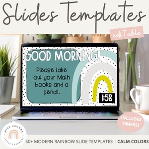 Modern Rainbow Morning Meeting Slides With Timers, Google Slides and PowerPoint Templates, Calm Colors Classroom, Digital Teacher Slides