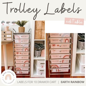 EARTHY RAINBOW-etiketten voor winkelwagens met 10 laden | Bewerkbaar | Woestijnneutrale klasinrichting