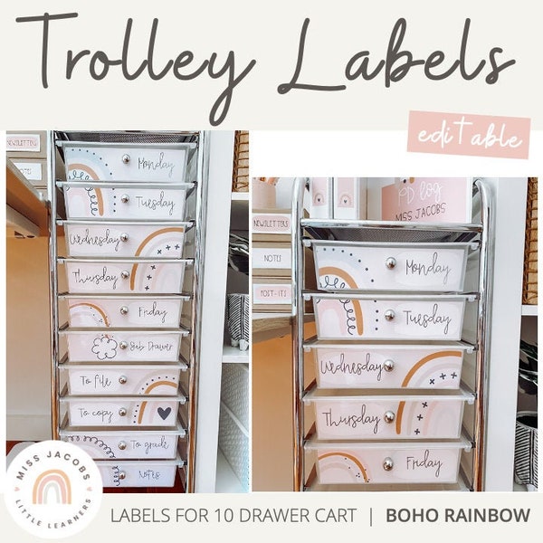 BOHO RAINBOW Teacher Rolling Cart Labels | Editable | Neutral Rainbow Classroom Decor