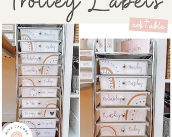 BOHO RAINBOW Teacher Rolling Cart Labels | Editable | Neutral Rainbow Classroom Decor