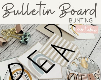 BOHO RAINBOW Bulletin Board Signage | Editable Boho Bunting | Neutral Rainbow Classroom Decor