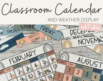 BOHO RAINBOW Classroom Calendar & Weather Display | Editable | Neutral Rainbow Classroom Decor