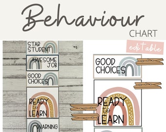 BOHO RAINBOW Behavior Clip Chart | Editable | Neutral Rainbow Classroom Decor