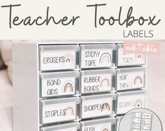 BOHO RAINBOW Teacher Toolbox Labels | Editable | Neutral Rainbow Classroom Decor