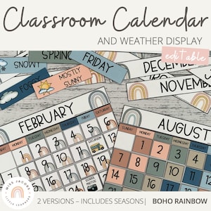 BOHO RAINBOW Classroom Calendar & Weather Display | Editable | Neutral Rainbow Classroom Decor