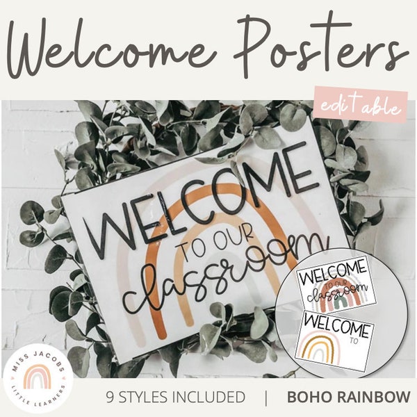 BOHO RAINBOW Welcome Sign | Editable | Neutral Rainbow Classroom Decor