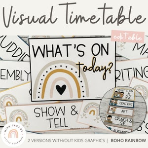 Boho Rainbow Visueller Stundenplan Karten Vorlage, Bearbeitbarer Täglicher Visueller Stundenplan, druckbare Schulalltag Karte, Dekor für das Grundschulzimmer