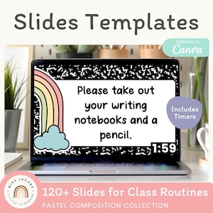 May include: A laptop screen displays a digital slide template with a black and white composition notebook pattern border, a rainbow, a blue cloud, and the text: Please take out your writing notebooks and a pencil. The screen also shows a 1:59 timer.
