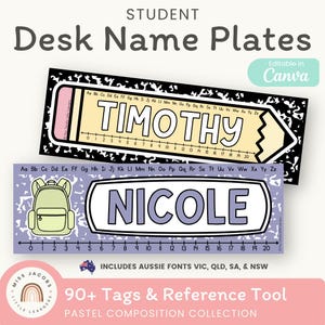Peut inclure: Deux plaques de nom de bureau rectangulaires avec un motif de cahier de composition noir et blanc. L'une est en forme de crayon avec le nom TIMOTHY, l'autre est violette avec une icône de sac à dos et le nom NICOLE. Les deux incluent une ligne numérique de 0 à 20 et l'alphabet.