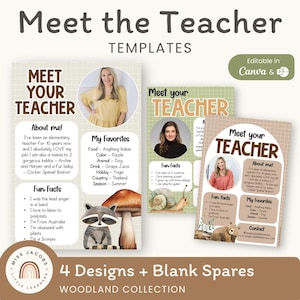 Plantilla de "Conoce al maestro" en el bosque, carta editable de regreso a clases, recurso "Todo sobre mí" imprimible con temática forestal, decoración para el aula.
