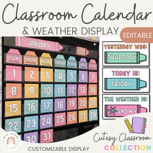 Niedliche Kalender- und Wetter-Klassenzimmeranzeige, druckbarer Taschenkalender für Lehrer mit besonderen Ereignissen, bearbeitbare Kinderkalender-Wandanzeige