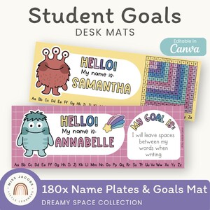 May include: Student desk mats with a dreamy space theme. The mats feature cartoon monsters, name fields, and goal-setting prompts. One mat is yellow with a multiplication table, and the other is pink. The text reads "Student Goals" and "Editable in Canva."