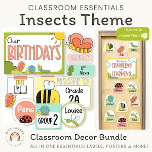 Insects Theme Classroom Decor Bundle, Editable Spring Bugs Set Teacher Essentials Pack, Printable Back to School Class Decoration Resources
